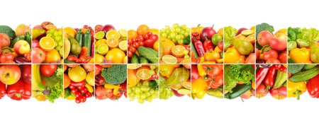 Foto de Hortalizas, frutas y bayas separadas por líneas verticales aisladas sobre fondo blanco. - Imagen libre de derechos