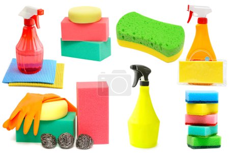 Photo for Set of detergents for bathroom and kitchen isolated on white background. - Royalty Free Image