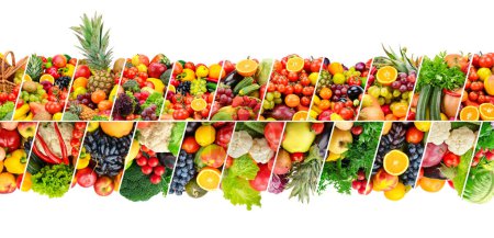 Foto de Frutas, hortalizas y bayas separadas por líneas inclinadas aisladas sobre fondo blanco. - Imagen libre de derechos