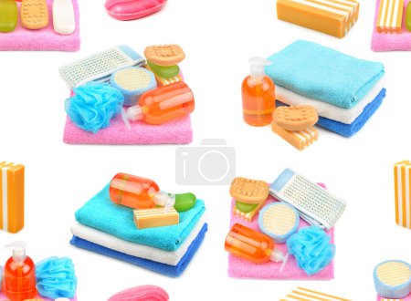 Photo for Seamless pattern. Bathroom set (towels, soap, shampoo) isolated on white background. - Royalty Free Image