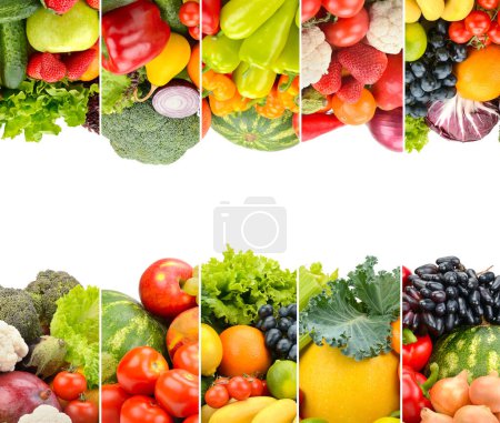 Photo for Frame healthy vegetables and fruits isolated on white background. - Royalty Free Image