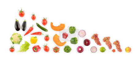 Photo for Bright fruits and vegetables on white background. Free space for text. - Royalty Free Image