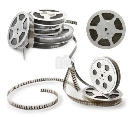 Foto de Colecciones tira de película vieja en bobinas de metal aisladas sobre fondo blanco. Varios ángulos. - Imagen libre de derechos