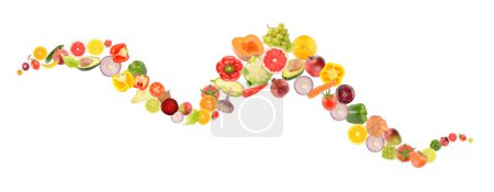 Photo for Falling fruits and vegetables in form of wave isolated on white background. - Royalty Free Image