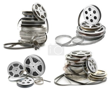 Photo for Collections old film strip in metal bobbins isolated on white background. Various angles. - Royalty Free Image