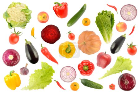 Photo for Big set falling vegetables and fruits isolated on white background. - Royalty Free Image