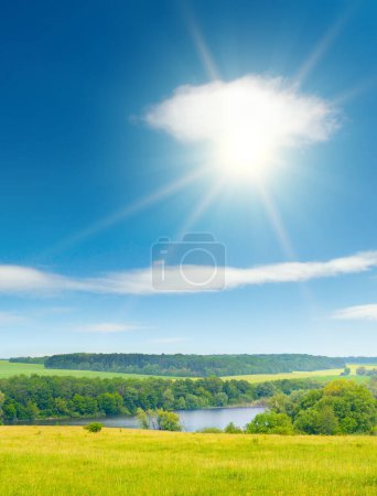 Photo for Bright summer pasture with fresh grass and blue sky with sun. - Royalty Free Image