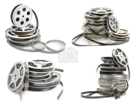 Téléchargez les photos : Collections vieilles bandes de film en bobines métalliques isolées sur fond blanc. Divers angles. - en image libre de droit