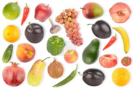 Foto de Establecer frutas y verduras apetitosas brillantes con sombra clara sobre fondo blanco. - Imagen libre de derechos