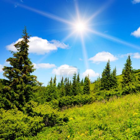 Téléchargez les photos : Hautes montagnes et soleil sur ciel bleu - en image libre de droit