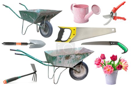 Téléchargez les photos : Collection d'outils de jardin isolés sur fond blanc. - en image libre de droit