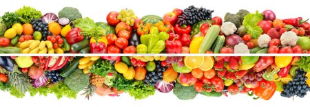 Photo for Wide composition of bright fruits, vegetables and berries isolated on white background. - Royalty Free Image