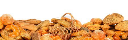 Wide collage freshly baked bread items isolated on white background.