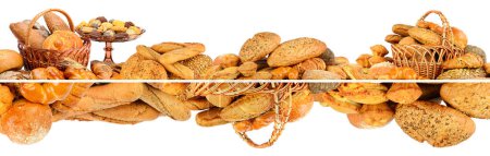 Photo for Panorama of fresh bread products isolated on white background. - Royalty Free Image