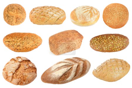 Foto de Varios tipos de pan horneado aislado sobre fondo blanco. - Imagen libre de derechos