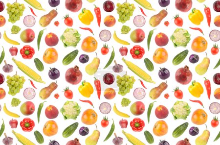 Foto de Gran patrón sin costuras de hermosas verduras brillantes y frutas aisladas sobre fondo blanco. - Imagen libre de derechos