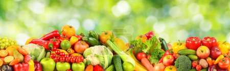 Foto de Gran colección de frutas, bayas y verduras sobre fondo verde. - Imagen libre de derechos