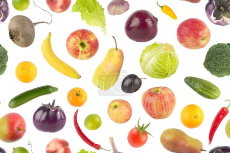 Foto de Conjunto grande de frutas y verduras frescas aisladas sobre fondo blanco. Patrón sin costura. - Imagen libre de derechos