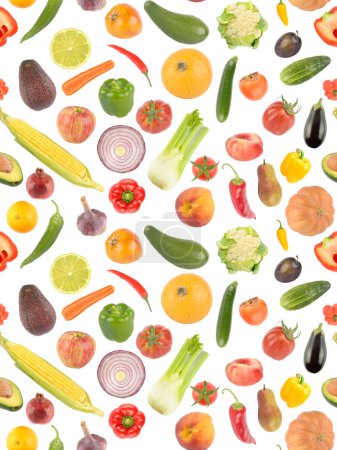 Photo for Vertical seamless pattern fresh fruits and vegetables isolated on white background. - Royalty Free Image