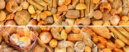 Foto de Conjunto panorámico de productos de pan fresco. Formato ancho
. - Imagen libre de derechos