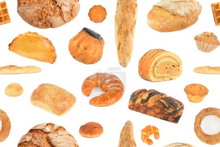Seamless pattern of delicious products made from different types of flour isolated on white background.