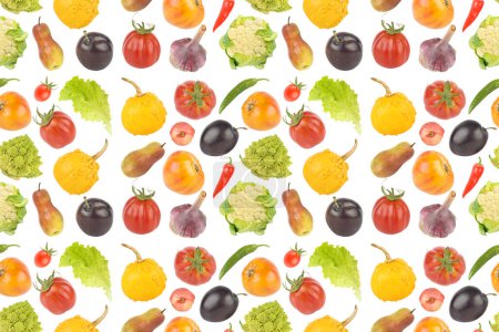 Foto de Frutas y verduras brillantes y apetitosas sobre fondo blanco. Patrón sin costura. - Imagen libre de derechos