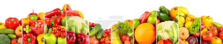 Foto de Amplio panorama de frutas y verduras sanas separadas por líneas verticales sobre fondo blanco. - Imagen libre de derechos