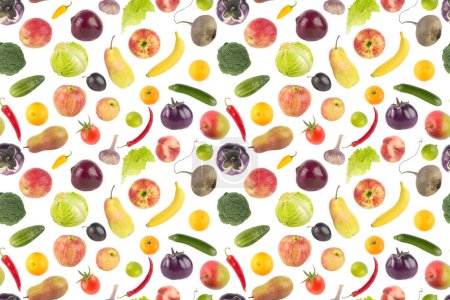 Foto de Conjunto grande de frutas y verduras frescas aisladas sobre fondo blanco. Patrón sin costura. - Imagen libre de derechos