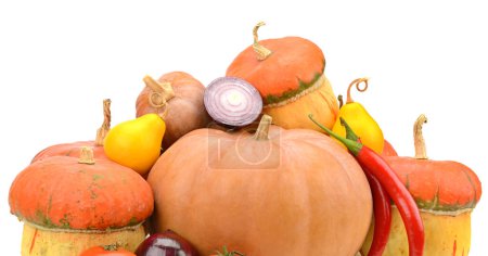 Foto de Composición de varias calabazas y otras verduras aisladas sobre fondo blanco. - Imagen libre de derechos