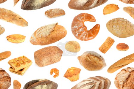Bread and sweet confectionery isolated on white background. Seamless pattern.