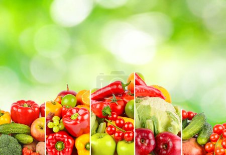 Foto de Collage de frutas y verduras separadas líneas verticales sobre fondo borroso natural verde
. - Imagen libre de derechos