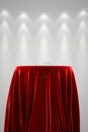 Photo for Elegant podium display with red velvet cloth and natural folds for product presentation. Light grey background with spot illumination. Photorealistic 3D rendered illustration. - Royalty Free Image