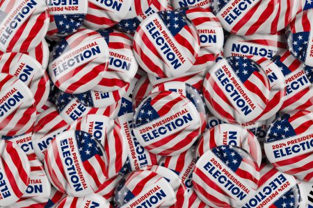 Antécédents électoraux présidentiels américains avec des dizaines de boutons de campagne. Illustration 3D.