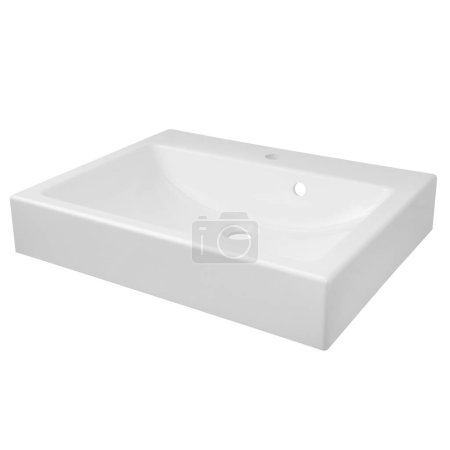 Téléchargez les photos : Rectangulaire avec coins pointus évier en céramique blanche (lavabo) pour la salle de bain isolée sur le fond. - en image libre de droit