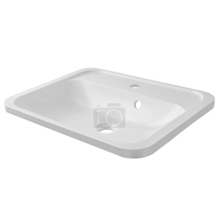 Photo for Modern rectangular (oval) with rounded corners white ceramic sink (washbasin) for two people, for the bathroom isolated on the background. - Royalty Free Image
