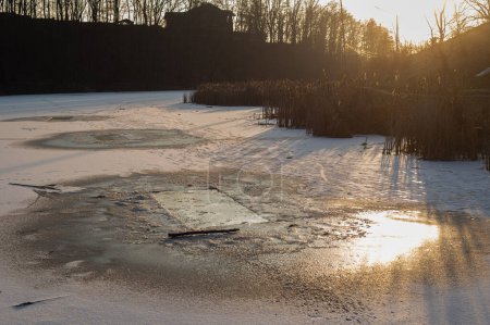 Foto de Sereno paisaje invernal con un lago congelado rodeado de juncos altos - Imagen libre de derechos