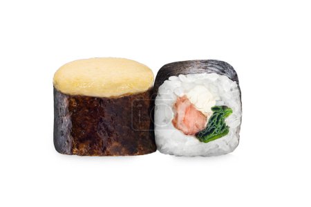 Photo for Sushi wrapped in seaweed, showcasing the artistry of Japanese cuisine and the fusion of flavors. Food culture, culinary delights, gastronomy, and dining experiences. Warm rolls with a cheese cap - Royalty Free Image