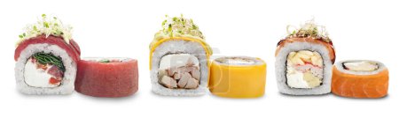 Foto de Set de rollos de sushi con atún y microgreens sobre fondo blanco. Cocina japonesa, destacando los sabores y texturas de este plato popular. - Imagen libre de derechos