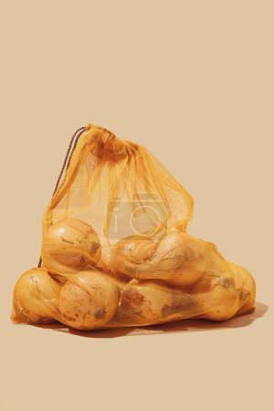 Photo for Reusable tote bag filled with fresh onions, showcasing eco-friendly usage and sustainable shopping practices. This image promotes conscious consumerism and the importance of reducing plastic waste. - Royalty Free Image
