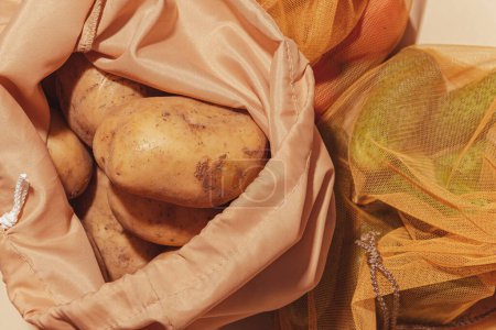 Téléchargez les photos : Réutiliser des sacs pour acheter des légumes et des fruits. Eco soin, consommation consciente, soin de la nature. Journée mondiale de recharge - en image libre de droit