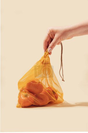 Téléchargez les photos : Sacs réutilisables pour acheter des légumes et des fruits. Une main de femme tient des sacs avec des tomates. Eco soin, consommation consciente, soin de la nature. Journée mondiale du ravitaillement - en image libre de droit