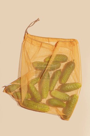 Photo for Cucumbers stored in an eco-friendly tote bag, promoting conscious and sustainable usage. This image represents the importance of eco-conscious choices and encourages responsible consumer behavior - Royalty Free Image