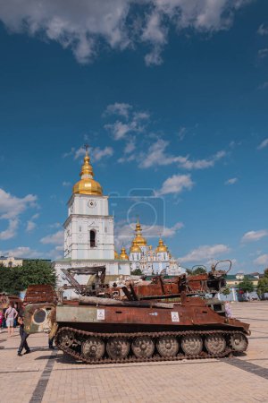 Photo for July 16, 2023 - Kyiv, Ukraine. Exhibition of broken Russian equipment on the territory of Ukraine. War, broken rusted tanks on Mykhailivska Square - Royalty Free Image