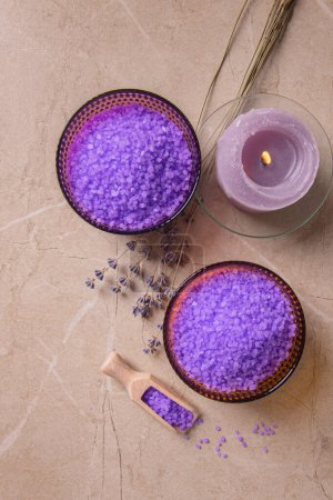 Photo for Lavender power and aromatic candle for the bathroom, for spa and relaxation. Aromatherapy, relaxation - Royalty Free Image