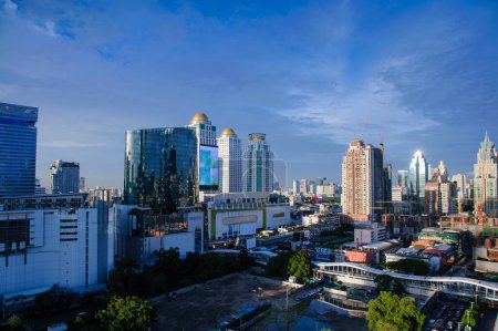 Bangkok cityscape in blue clear cloudy sky
