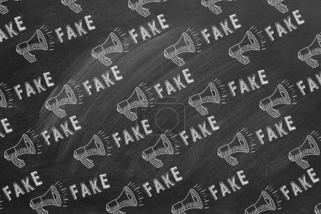 Photo for Pattern from megaphone icons and lettering FAKE drawn in chalk on a blackboard. Concept of announce, media, information and disinformation. Fake news. - Royalty Free Image
