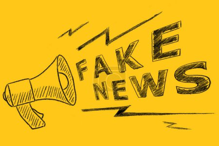 Photo for Megaphone with the text FAKE NEWS drawn on yellow. Hand drawn illustration. Information and disinformation concept. - Royalty Free Image