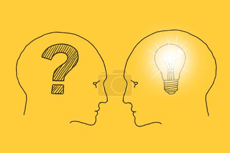 Téléchargez les photos : Two human heads face to face. Left head with question mark inside and right head with lightbulb inside. Illustration drawn on a yellow background. Idea generation, FAQ. Question and answer, QA. - en image libre de droit