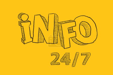 Téléchargez les photos : Lettering INFO 24-7 drawn on a yellow background. Info center, information support, customer support. FAQ concept. - en image libre de droit