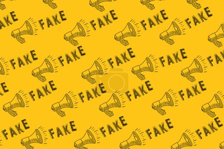 Téléchargez les photos : Pattern from megaphone icons and lettering FAKE drawn on yellow background. Concept of announce, media, information and disinformation. Fake news. Hand drawn illustration. - en image libre de droit